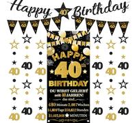 Decoración para 40 cumpleaños hombre mujer - 9 unidades negro dorado Happy 40th Birthday Background banderas triangulares número 40 círculos punto Twinkle Star Garland para hombres mujeres 40 años