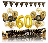 Decoración para 60 cumpleaños hombre mujer - 22 piezas negro oro cheers to 60 años fondo Banner triángulo banderas número 60 globos de papel de aluminio para hombres mujeres 60 años fiesta de