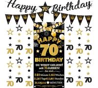 Decoración para 70 cumpleaños hombre mujer - 9 unidades Black Gold Happy 70th Birthday Background Banderas Triangle Number 70 Circle Dot Twinkle Star Garland für Männer Frauen 70 Jahre Party