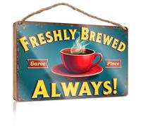 Decoración para colgar en la puerta con texto en inglés "Freshly Brewed Always: A Vibrant Coffee Sign Wooded Farmhouse Decor for the Home Gifts For The Office" (20 x 30 cm)