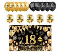 Decoración para Cumpleaños 18 en Español - Pancarta Feliz Cumpleaños, Fondo Cartel, 15 Globos - Kit de Adornos Negro y Oro para 18 Años