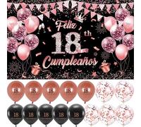 Decoración para Cumpleaños 18 en Español - Pancarta Feliz Cumpleaños, Photocall, Fondo Cartel con Globos - Negro y Rosa - Happy Birthday