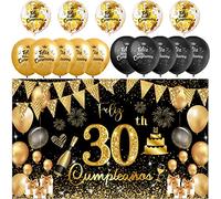 Decoración para Cumpleaños 30 en Español - Pancarta Feliz Cumpleaños, Fondo Cartel, 15 Globos - Kit de Adornos Negro y Oro para 30 Años - Happy Birthday