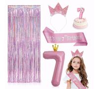 Decoración para Cumpleaños de 6 Años, Rosa Corona de Flores,Cumpleaños Sash, Globos, Velas，Rosa Cortinas de Flecos，7 Cumple Princesas，Accesorios para Celebración de Fiesta de Cumple