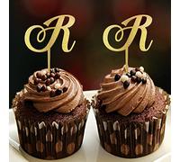 Decoración para cupcakes con inicial R para decoración de boda, compromiso, elegante, corona de flores personalizada, 26 letras, regalos de cumpleaños, 6 unidades