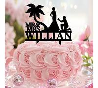 Decoración para cupcakes con temática de playa Mr & Mrs Tropical Engagement Script Font Cake Toppers for Party Anniversary Decoration Supplies Funny Custom Name Date Calligraphy Acrylic Black