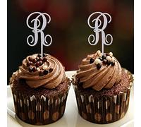 Decoración para cupcakes de boda con letra R, monograma inicial de apellido, purpurina plateada para decoración de boda, despedida de soltera, divertida corona floral reutilizable, personalizable