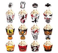 Decoración para Cupcakes de Halloween - 24 Piezas de Toppers y Envoltorios para Pasteles, Magdalenas, Fiestas Temáticas