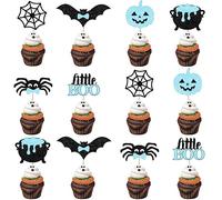 Decoración para cupcakes de Halloween Little Boo Ghost para baby shower, 36 piezas de mesa de postre azul y negro, decoración para cupcakes, revelación de género, suministros de recuerdo de fiesta de