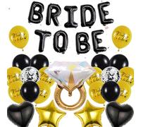 Decoración para despedida de soltera, color negro y dorado - Globo de pancarta de novia para ser novia, globo de anillo de diamante, corazón negro, estrella dorada, globo de aluminio para despedida de