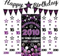 Decoración para el 16º cumpleaños niña niño - 9 unidades negro lila genial desde 2010 fondos pancartas triángulos banderas número 16 círculos dot twinkle estrella garland para él dulce 16 años