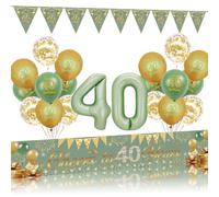 Decoración para el 40 cumpleaños hombre mujer - 22 piezas verde oro cheers to 40 años fondo Banner triangle banderas número 40 globos de papel de aluminio para hombres mujeres 40 años fiesta de