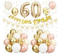 Decoración para el 60 cumpleaños para hombres y mujeres, pancarta de feliz 60 cumpleaños, globos de confeti blancos y dorados, globos de número 60 de aluminio para la fiesta de cumpleaños
