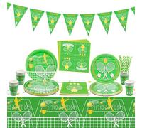 Decoración para fiesta de tenis, incluye bandera de tenis, mantel, platos de papel, vasos y servilletas para fiesta de cumpleaños infantil masculina, fiesta temática de deportes, para 20 invitados