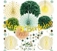 Decoración para Fiestas de Cumpleaños Reutilizable - Guirnalda, Pompones, Farolillos de Papel, Bolas de Panal, Confeti en Verde y Dorado
