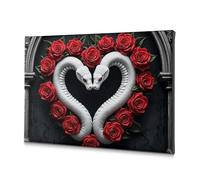 Decoración para sala de estar, dos serpientes blancas forman un corazón rodeado de rosas rojas. Lienzo decorativo para sala de estar (40 x 60 cm)