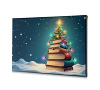 Decoración para sala de estar, una pila de libros, forma un árbol de Navidad con luces coloridas. Lienzo decorativo para decoración de sala de estar, decoración de bautismo (30 x 40 cm)