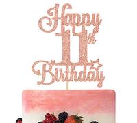 Decoración para tarta de 11 cumpleaños, con texto en inglés "Happy 11th Birthday", Hello 11, 11th Birthday Anniversary Party Decorations Rose Gold Glitter.