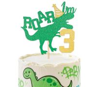 Decoración para tarta de 3er cumpleaños de dinosaurio con purpurina - Decoración para tartas de cumpleaños con texto en inglés "ROAR I'm 3 Dino", decoración de fiesta para niños y niñas, temática de