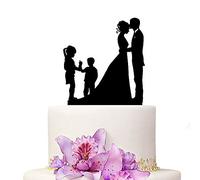 Decoración para tarta de boda YAMI COCU - Novia y novio con 2 niños familia color negro silueta acrílica decoración para tarta de aniversario