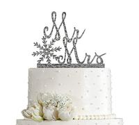 Decoración para tarta de compromiso con diseño de Mr & Mrs con copo de nieve, para novia y novio (acrílico con purpurina plateada)