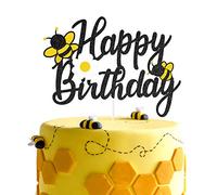 Decoración para tarta de cumpleaños con purpurina, diseño de abeja con texto en inglés "Happy Bee Day", centro de mesa para fiestas de cumpleaños, diseño de abeja.