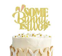 Decoración para tarta de cumpleaños con purpurina dorada, diseño de conejo con texto "Some Bunny is Twos", decoración para tarta de cumpleaños con temática de conejo