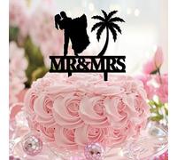 Decoración para tarta de cumpleaños con temática de playa Mr & Mrs Tropical Engagement Script Font Cake Toppers for Jubilee Engagement Decoration Custom Cute Black Couple Silhouette Bride to Be