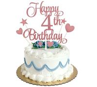 Decoración para tarta de cumpleaños número 4 con purpurina de oro rosa, decoración personalizada para tartas para niños y niñas, kit de decoración de pastel con estrella y corazón