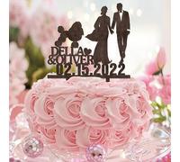 Decoración para tarta de Mr And Mrs Brown, personalizable, fecha de boda y apellido, decoración para magdalenas, silueta de pareja con escritura, acrílico, negro, cumpleaños, graduación, decoración
