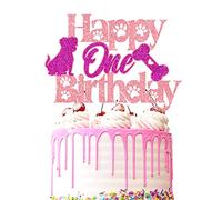Decoración para tarta de perro 1 - Rosa Happy One Birthday Cake Topper con bonito perro y hueso para decoración de primer cumpleaños