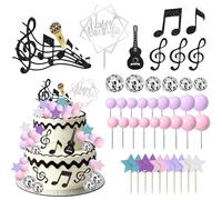 Decoración para Tarta Feliz Cumpleaños Música, 42 Piezas Clave Musical Bola de Discoteca Guitarra Estrellas Notas Musicales, Toppers para Cupcakes para Tema Rock n Roll, Cumpleaños, Baby Shower, Boda
