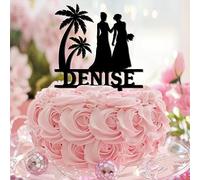 Decoración para tarta tropical de Lesbian Mrs & Mrs & Mrs Tropical con palmera, playa, viajes, feliz cumpleaños, silueta femenina con guión, compromiso, revelación de género, decoración de pasteles