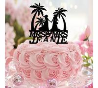 Decoración para tarta tropical de Lesbian Mrs & Mrs. Silueta femenina con texto en inglés "Happy Birthday Cake Topper Love Is Love Brides Silhouette Acrílico Negro Jubileo Decoración de Boda Regalos