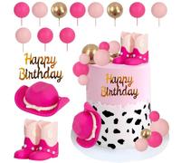 Decoración para Tarta Vaquera Rosa Sombrero y Botas de Vaquero Decor de Happy Birthday Estrellas Doradas y Bolas Adornos para Tartas de Vaquero Fiesta de Cumpleaños para Niñas (Rosa)