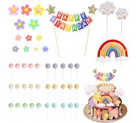Decoración para tartas bohemia kit 45 piezas - flores de silicona multicolor + arcoíris estrella + nube sonriente + banderines rojos - ideal para cumpleaños y celebraciones