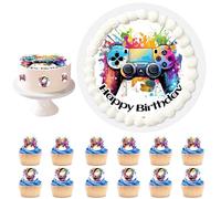 Decoración para Tartas de Cumpleaños,Infantiles en Disco de Oblea de Gamer,con Papel Comestible Motivo Gamer Ø 20CM,12 Cupcake Topper,Disco de Oblea Comestible para Tarta