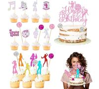 Decoración para tartas de cumpleaños tema disco, set de 23 piezas, incluye 1 adorno grande de "Feliz Cumpleaños", 8 bolas de disco y 14 pequeños adornos, ideales para fiestas de estilo años 70, f