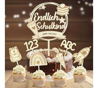 Decoración para tartas de escolarización, 7 unidades, decoración para el comienzo del cole de madera, por fin escolar, decoración de tartas, bolsa de azúcar ABC 123, decoración para tartas para niños