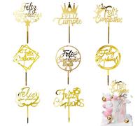 Decoración para tartas de feliz cumpleaños, 8 unidades, acrílico dorado, suministros para fiesta de cumpleaños española