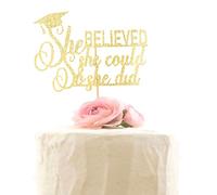 Decoración para tartas de graduación 2023, letrero para tartas con texto en inglés "She Did It", decoraciones para fiestas de graduación, purpurina dorada