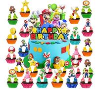 Decoración para tartas de Mario, 25 piezas de decoración de fiesta de Mario, decoración grande de superhéroe con 24 adornos para cupcakes, decoraciones de cumpleaños, suministros de fiesta para