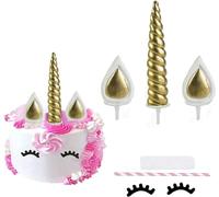 Decoración para tartas de unicornio, para cumpleaños, bodas, fiestas, decoración de tartas, lindas orejas de cuerno y pestañas, decoración para tartas, para fiestas, baby showers (dorado)