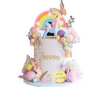 Decoración para tartas de unicornio y arco iris, decoración de pastel de unicornio con mariposas, pancarta de feliz cumpleaños, arco arcoíris, bola colorida, flores secas artificiales, suministros de