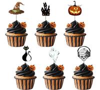 Decoración para Tartas Halloween, 60 Piezas Cupcake Toppers Decorativas Calabaza Gato Fantasma Cráneo Castillo para Fiesta de Halloween, Cumpleaños para Niños