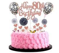 Decoración para tartas hombre mujer 80 cumpleaños Hello 80 Cake Topper Rosegold Negro con corazón estrella globo decoración para tartas 80 cumpleaños mujeres Happy 80th Birthday decoración para tartas