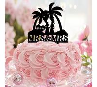 Decoración para tartas tropicales de Lesbian Mrs & Mrs. Silueta femenina con guión, palmera, Hawaii, playa, viajes, acrílico, negro, nupcial, decoración para tartas de boda, regalos vintage para niños