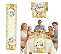Decoración Pascua mantel mesa 1 unidad 40x140 cm lino beige diseño conejitos primavera para comedor salón fiestas familiares regalo temporada