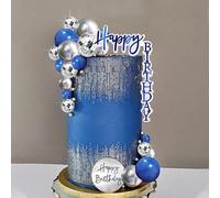 Decoración Pastel Discoteca, 21 Piezas Decoracion Tarta Bolas Plata, Happy Birthday Cake Topper, Bolas Azules para Decorar Tartas, Aniversario, Fiesta Temática, Disco Party