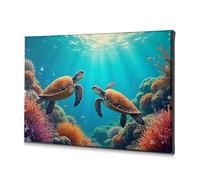 Decoración religiosa de Pascua con dos tortugas nadando entre coloridos arrecifes de coral. Lienzo decorativo para baño, decoración de pared (30 x 40 cm)